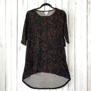 Lularoe Irma Half Sleeve Tunic High Low Polyester Blend Sz XS Black Orange Gold